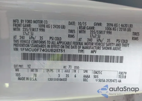 2016 Ford Escape S from USA, damaged, VIN 1FMCU0F74GUB25751